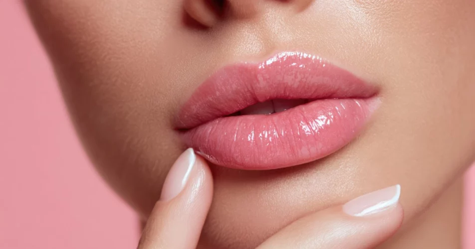 Close-up of glossy lips showcasing the natural results of Lip Hydration in Geneva, IL, highlighting smooth texture and youthful volume.
